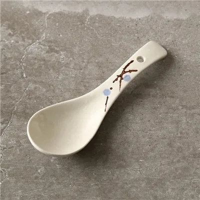Japanese Handpainting Plum Ceramic Spoon Snowflake Glaze Porcelain Soup Spoon Floral Coffee Milk Stirring Spoon Tableware Blue