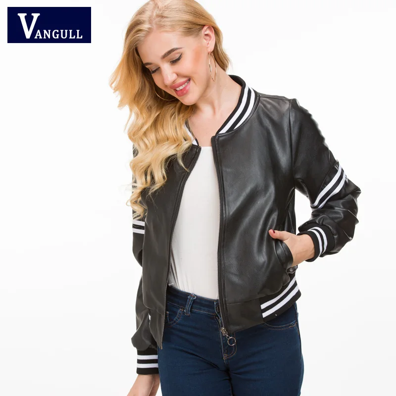 

VANGULL Women Leather Jacket Spliced Long Sleeve Color block Zipper Streetwear Baseball Jackets Elegant Outwear Autumn 2018 New
