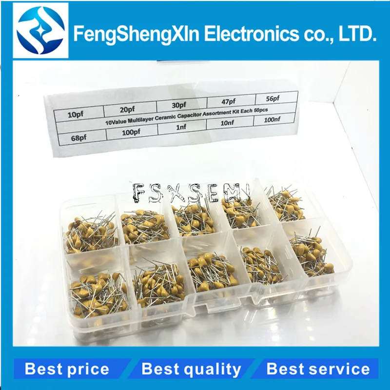 

10Values*50pcs=500pcs 50V 10pF ~100nF Multilayer Ceramic Capacitor Assortment Kit 5.08MM Monolithic capacitors MLCC