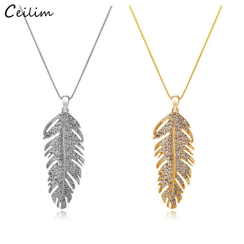 

Luxury Austria Crystals Feather Pendant Necklaces for Women Fashion Silver Gold Color Link Chain Necklace Wedding Jewelry collar