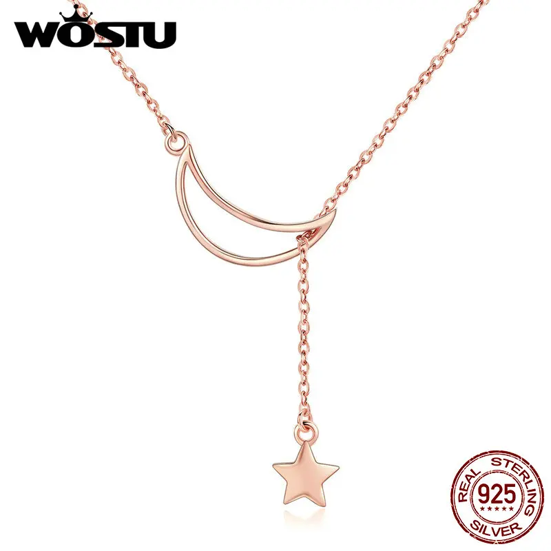 

WOSTU Hot Fashion Authentic 925 Sterling Silver Rose Golden Color Moon & Star Necklace For Women Making Noble Jewelry CQN108-c