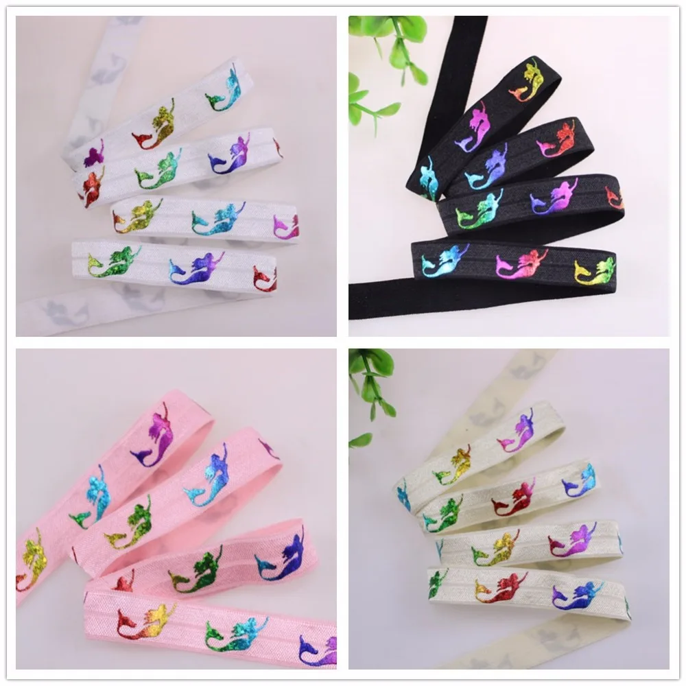 

5 colors Rainbow hologram foil mermaid printed foe elastic 5/8" 15mm fold over elastic