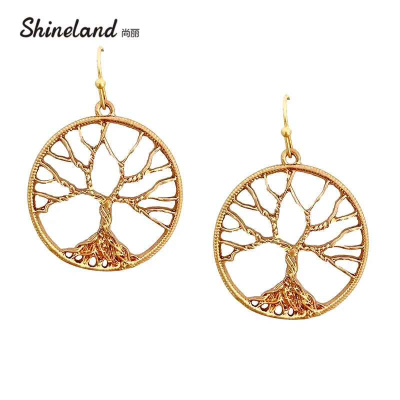 

Shineland Fashion New 2018 Classical Vintage Life Tree Earrings For Women Brincos Plant Tree Pendants Geometry Round Earrings