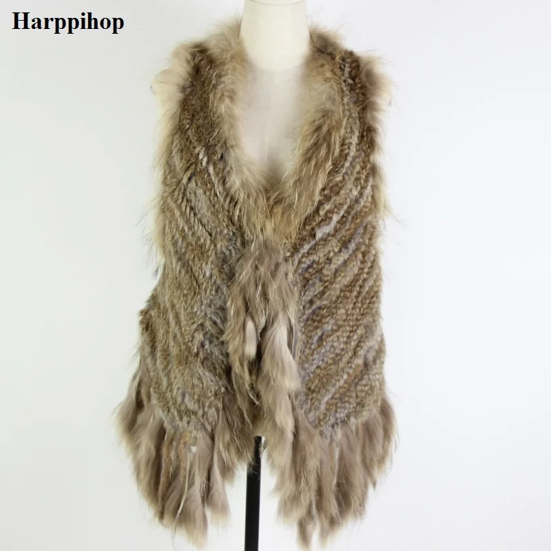 

Winter Women Real Rabbit Fur Shawl jacket with raccoon fur coat tassel elegant lady fashion casual fur poncho outerwear