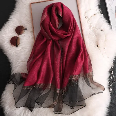 Однотонный женский шарф с бисером летние шелковые шарфы женская шаль накидка хиджаб платок Женская бандана пашмины жемчужные украшения повязка на голову - Цвет: Bordeaux red