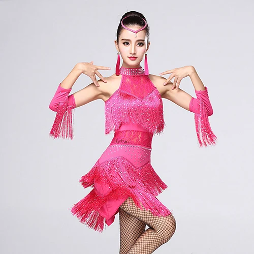 Взрыв латинский танец женское платье с бахромой и перчатки и серьги соревнования/практика ча Румба Самба Сальса платье для танцев Great Gatsby - Цвет: Rose