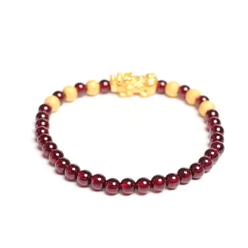 

HOT SALE Pure 24K Yellow Gold Red Garnet 3D Pixiu Bead Women's Bracelet