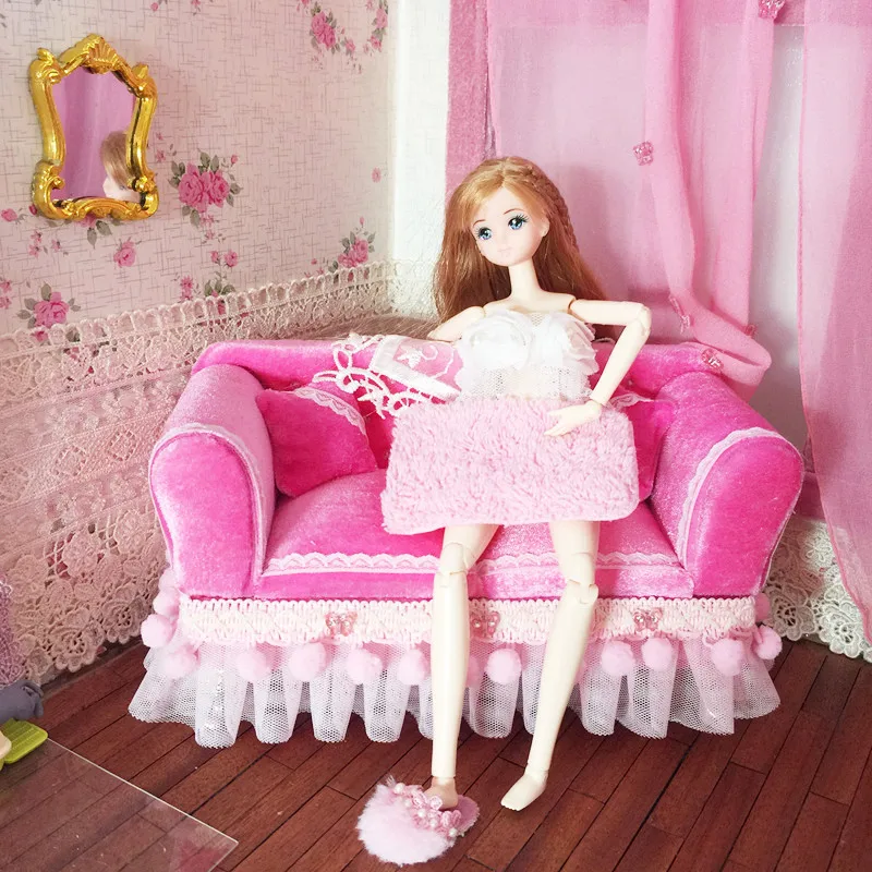 Holzpuppenhaus Möbel 1:6 Sessel Sofa Miniatur Für BJD Doll Pink 
