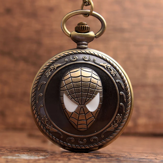 Vintage Spiderman Antique Pocket Watch With Chain Superhero Retro Bronze Flip Qu Vintage Spiderman Antique Pocket Watch With Chain Superhero Retro Bronze Flip Qu