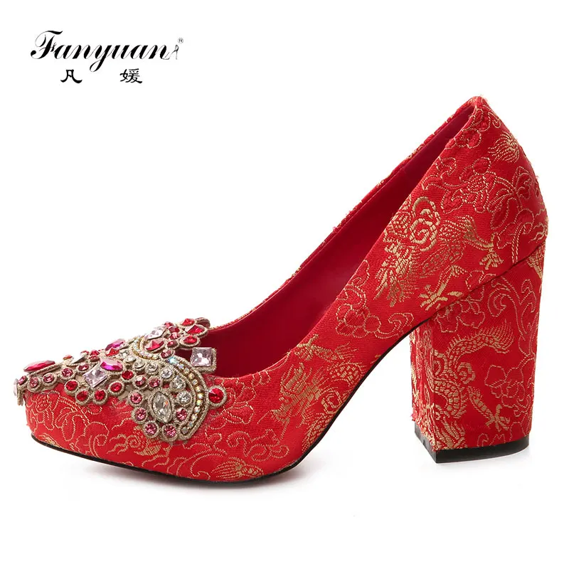 Fanyuan Luxury designer Rhinestone Party Shoes Women Red Satin Pumps ...