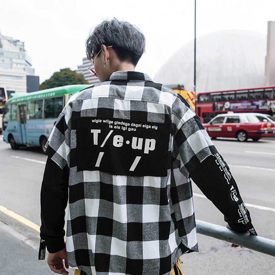 Kopen Zwarte En Rode Plaid Patchwork Shirt Mannen Hip Hop Geruite Koreaanse Fashion Streetwear Mannen Shirts Button Up Punk Mens Jurk shirts
