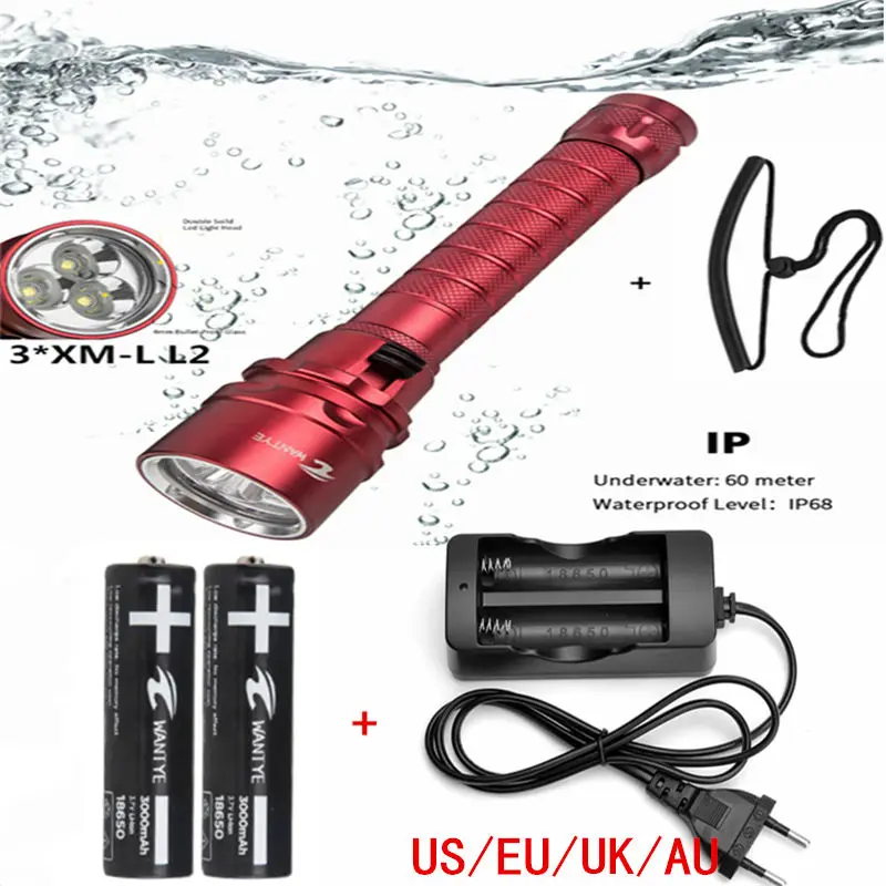 

6000Lm Dive 3 XML XM-L L2 Diving Flashlight Underwater Waterproof 3L2 LED Torch Lamp Lantern+18650 Battery/Charger