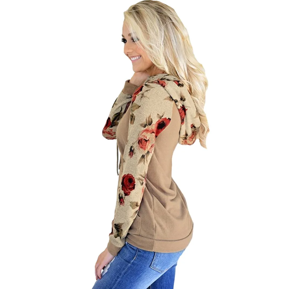 ELSVIOS Patchwork Floral Print Hoodies Sweatshirt Women Long Sleeve Hooded Drawstring Tops Jumper A