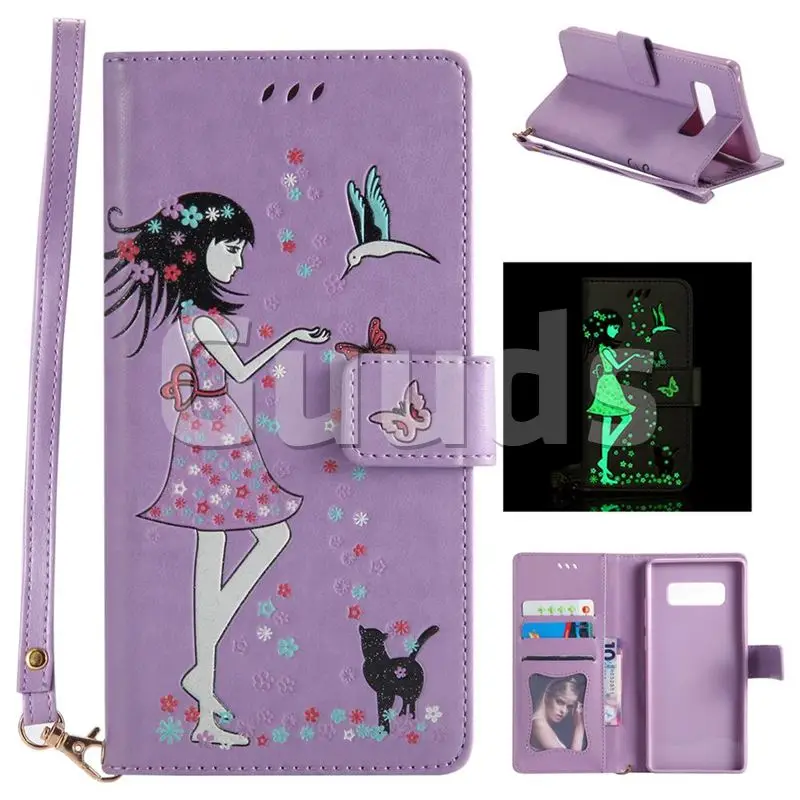 Luminous Flower Girl Cat Leather Wallet Case for Samsung Galaxy Note 8 - Purple