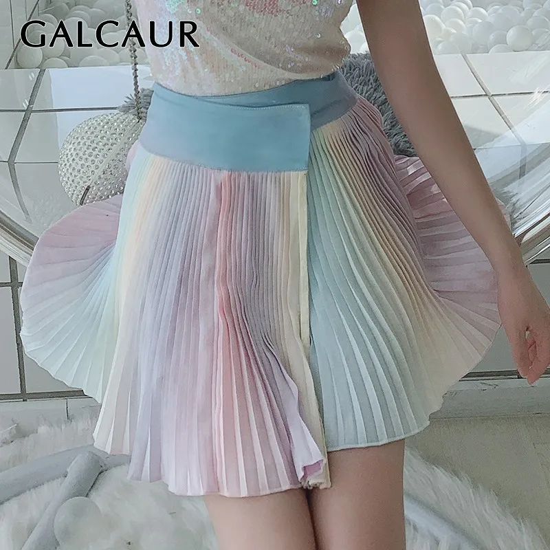 

GALCAUR Summer Colorful Mini Skirt Women High Waist Slim Hit Colors Short Pleated Skirts Female Fashion 2019 Sweet Clothes