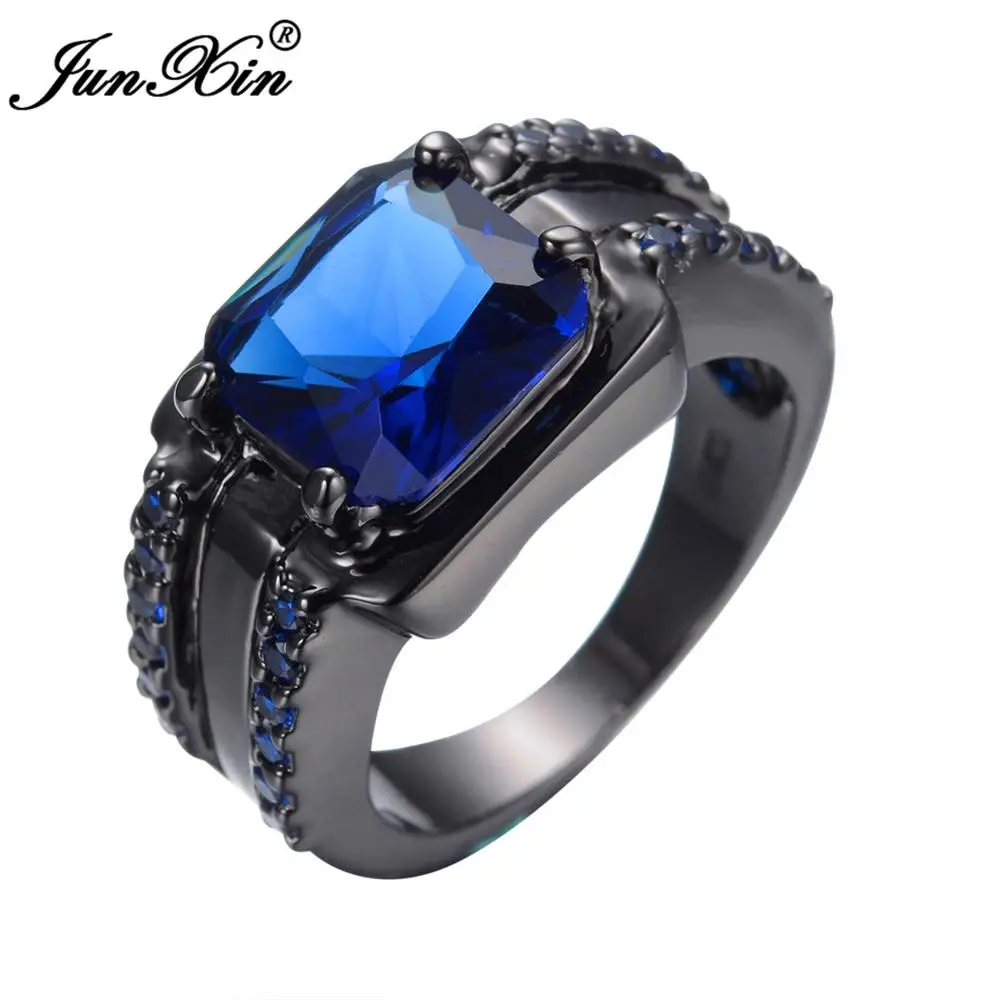 JUNXIN 90 скидка! Модные большие квадратные каменные женские мужские кольца из черного золота с цирконием черный/красный синий кристалл квадратный мужской обручальное кольцо - Цвет основного камня: Синий