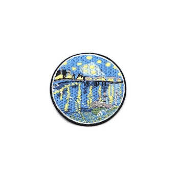 

100pcs/lot Van Gogh Painting The Starry Night Embroidery Patch Iron On Patches For Clothes DIY Accessory Applique Stickers S28