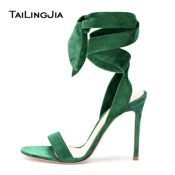 

Green Stilettos Party Heels Summer Sandals for Women Ankle Wrapped Shoe Ladies Large Size Elegant Faux Suede Hotsale Dress Shoe