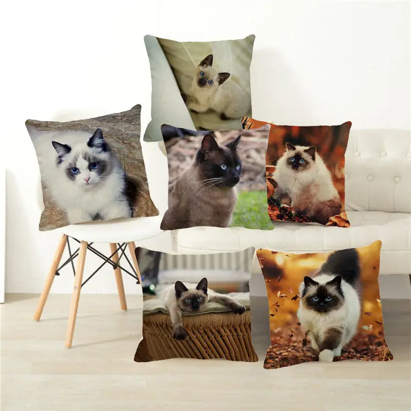 

XUNYU Cushion Cover Cute Siamese Cat Pillow Cover Linen Pillow case Sofa Car Seat Decorative Throw Pillowcase 45x45cm D0061