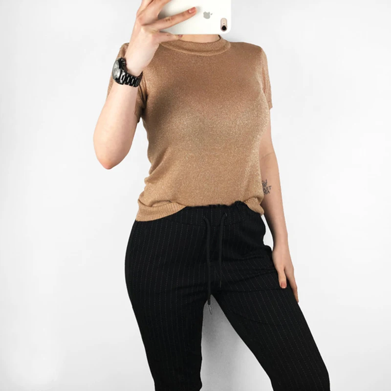 Wixra, женский весенний Универсальный свитер с коротким рукавом, мягкий тонкий эластичный пуловер с круглым вырезом, одноцветная Летняя женская одежда