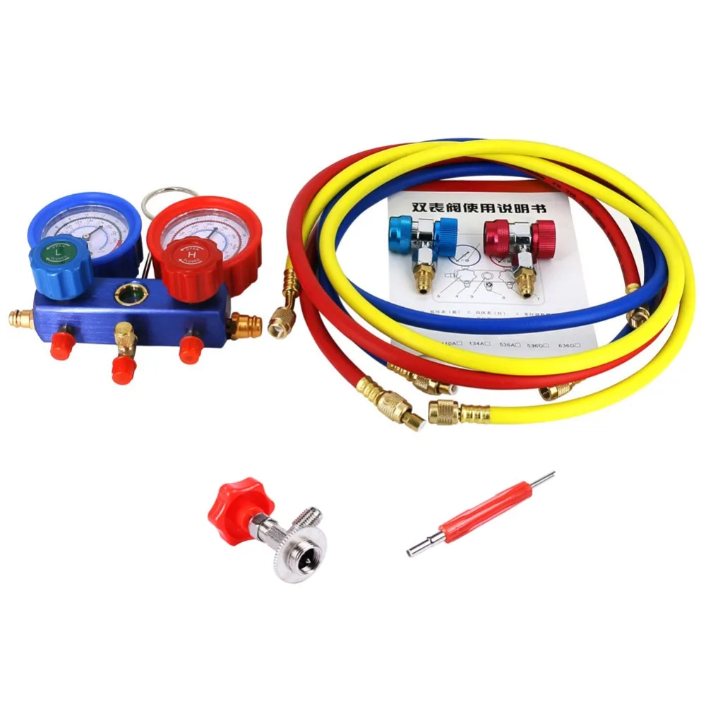 

EVERPOWER HVAC Refrigeration Double Table Manifold Pneumatic Pressure Gauge with Refrigerant Hose Tool Set For Air Compressor