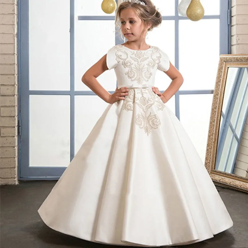 

Ivory White Puffy Ball Gown Girls Pageant Gown Flower Girls Dresses Lace Satin Short Sleeve Birthday Dress Custom