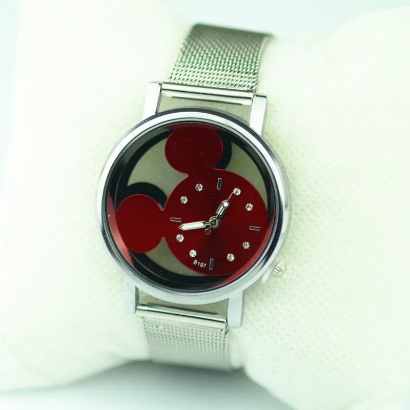 Montres femmes модные женские часы Микки с прозрачным полым циферблатом кварцевые повседневные наручные часы с ремешком-сеткой из нержавеющей стали горячий подарок - Цвет: Красный