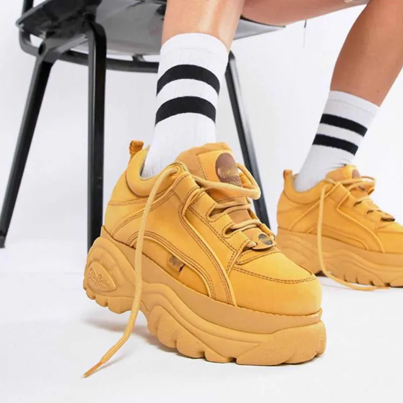 Nouvelles forme Femmes Espadrilles As Cuir Femme Souper De Mode Haute Show Cm Plate Chaussures En Pour Lacets Baskets 7 Véritable Les Talons as À Show Jaune QrdsCxthB