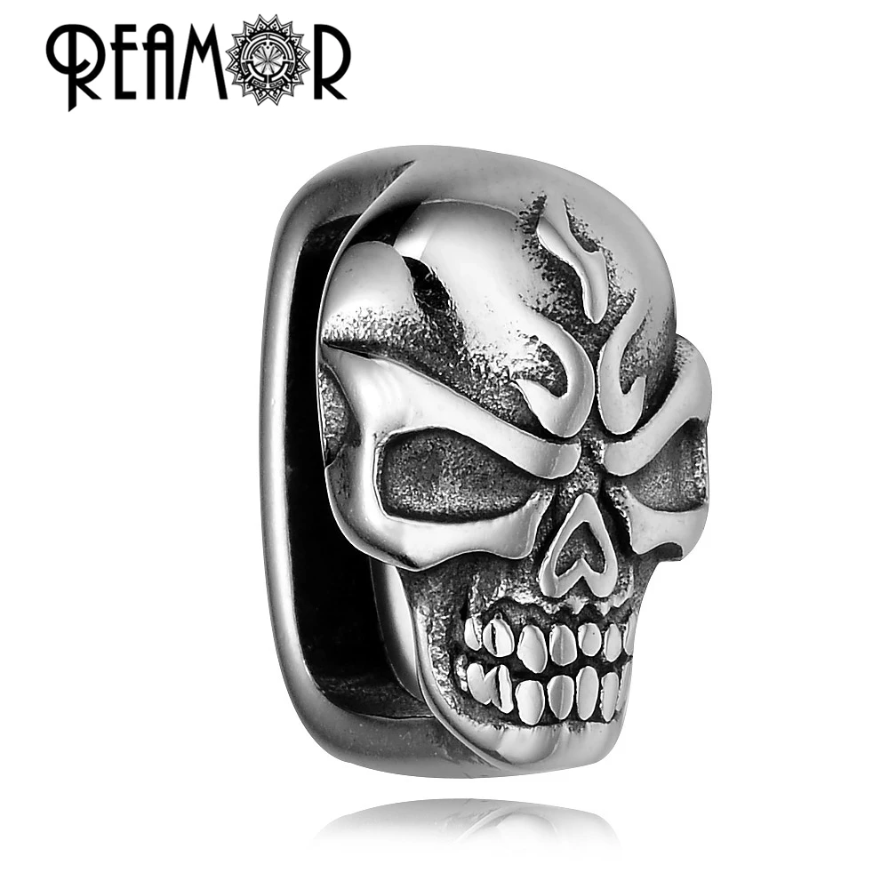 

REAMOR High Polished 316l Stainless Steel Punk Skull Beads European Large Square Hole Beads Fit Men Bracelet Jewelry Making
