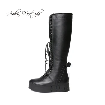 

Fashion women's shoes winter 2019 round toe waterproof cross lacing knee high boots casual wedges platform zipper ladies boots