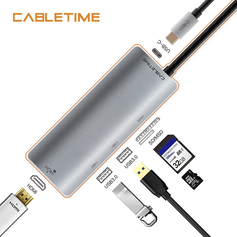 

Cabletime USB Type c to HDMI HUB USB HDMI 4K 30Hz RJ45 Network SD/TF Charging 6 in 1 Type C HUB USB Adapter for Galaxy S9 N131