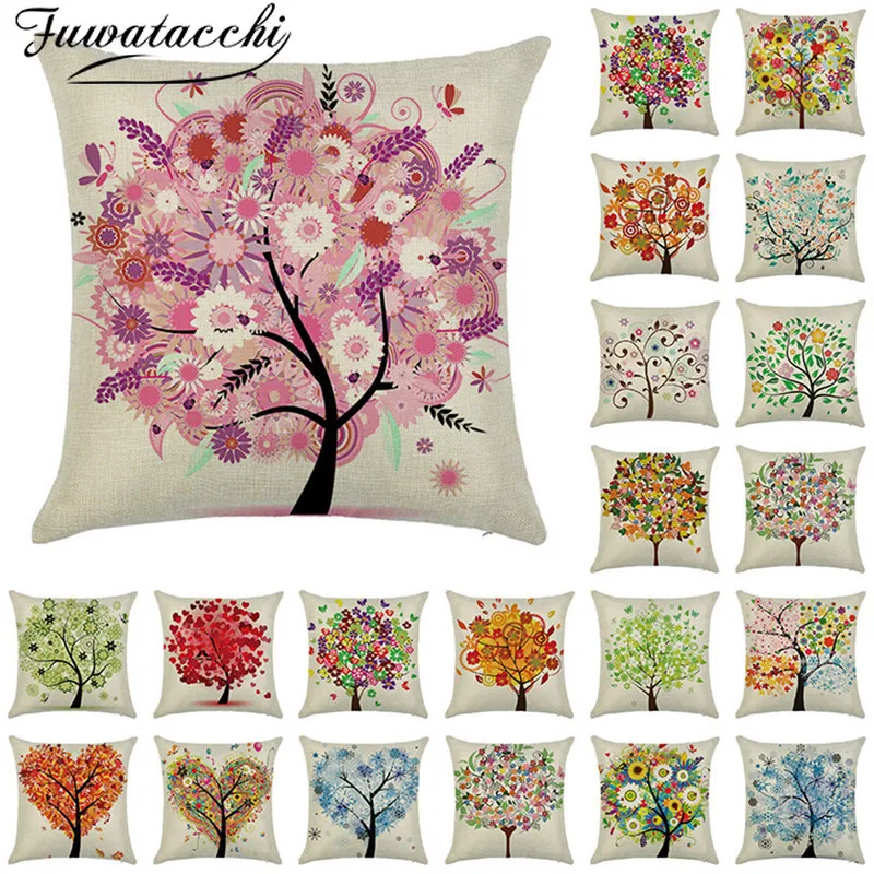 

Fuwatacchi Linen Cushion Cover Dream Tree and Flowers Pillow Cover for Home Sofa Chair Decorative Pillows Linen Pillows 45*45cm