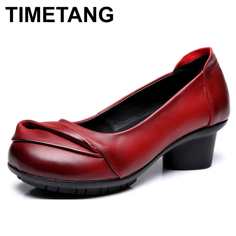 TIMETANG Genuine Leather Women Med Heel Shoes 2017 Spring Autumn Fashion Comfortable Thick Heel Shoes Shallow Soft Female Pumps TIMETANG Genuine Leather Women Med Heel Shoes 2017 Spring Autumn Fashion Comfortable Thick Heel Shoes Shallow Soft Female Pumps