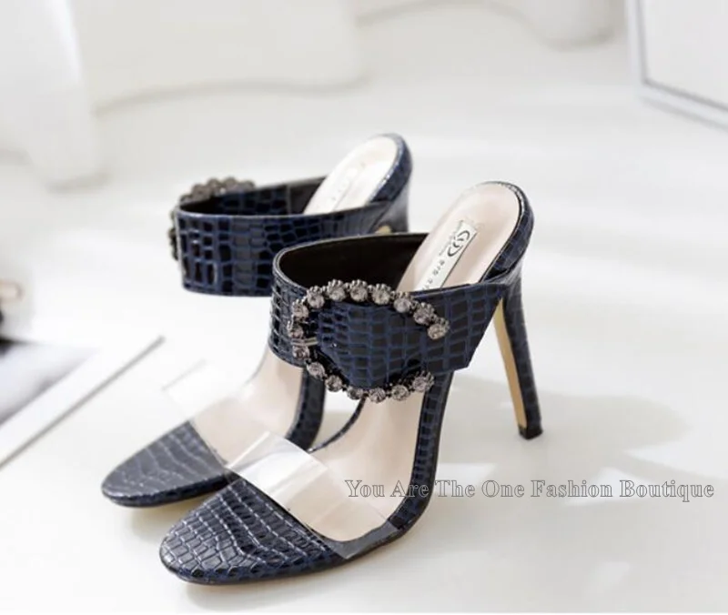 

Fashion snkeskin printed pattern transpatent PVC belt designer high heel sandals women bling bling crystal slip on sandal shoes