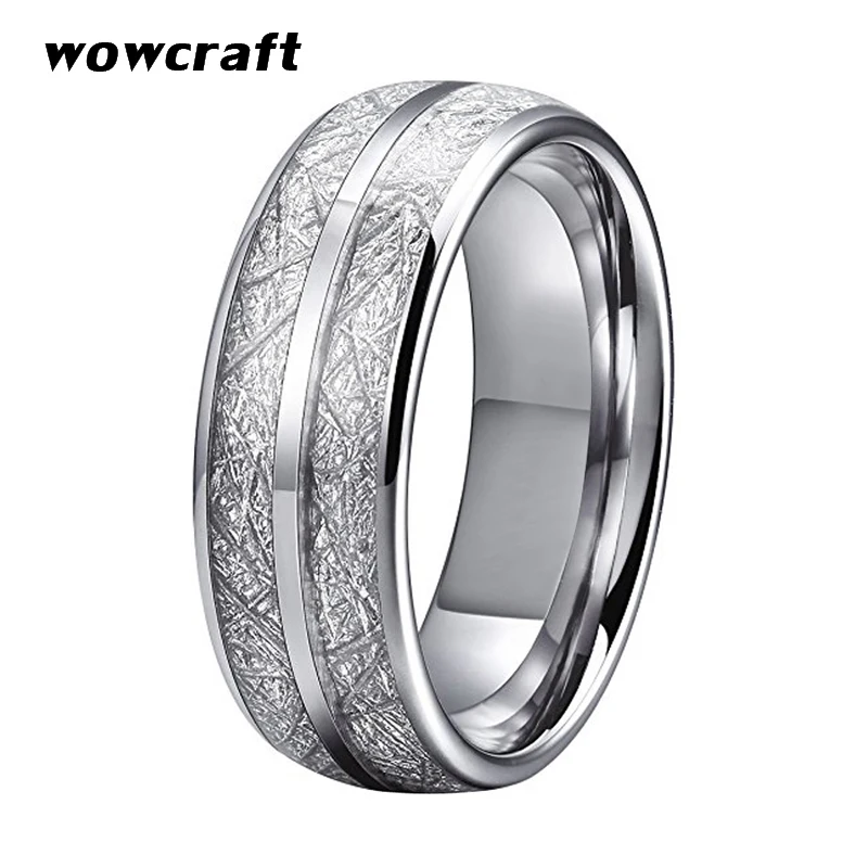 

8mm Tungsten Silver Men Women Wedding Ring White Meteorite Inlay Dome Polished With Comfort Fit