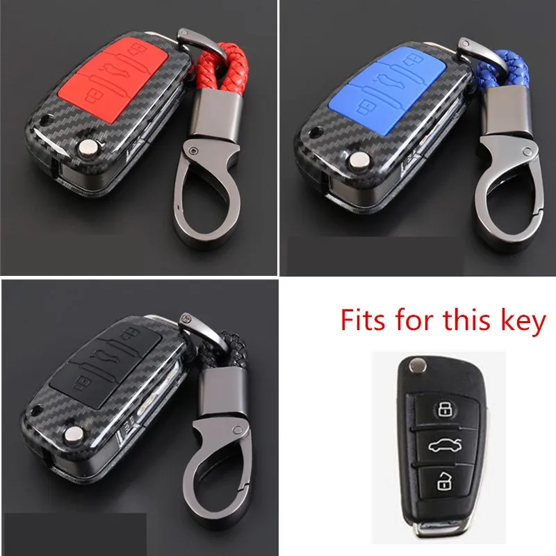 

CAR key case for ABS Carbon Fiber Shell+Silicone Cover Remote Key Holder Fob Case&KeyChain For Audi A1 A3 Q3 Q7 A6