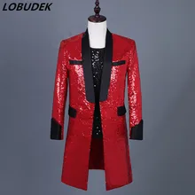 Мужское пальто средней длины с красными и белыми блестками, Модные приталенные блейзеры для бара, ночного клуба, певицы, мужской костюм для сцены, повседневное пальто, S-3XL