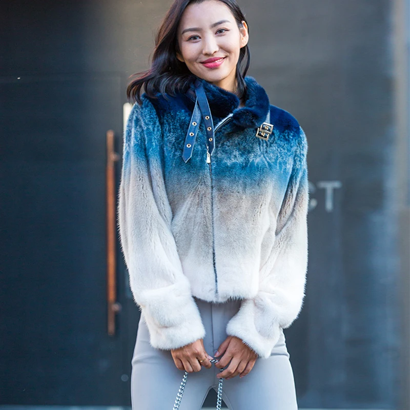 Zipper À Longues Veste Manteaux Court Femmes Lvchi Réel Slim Vison Gradient Mandarin D'hiver Imprimer Fourrure De Col Manches 2019 Clair Manteau 4LA5j3Rq