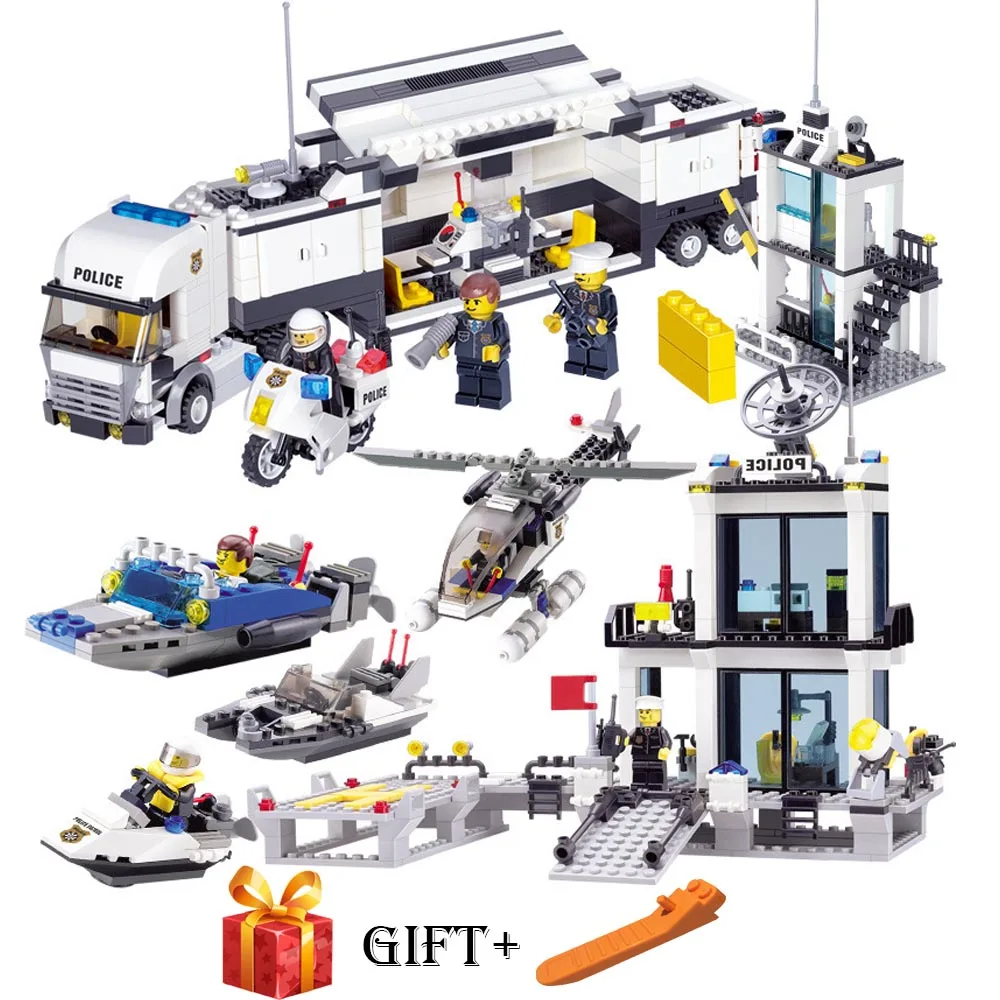 

Building Blocks Police Station Prison Figures Compatible with LegoING City Enlighten Bricks Toys for Children Truck Helicopter