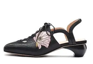 Женские белые кожаные туфли-лодочки с квадратным носком и вышивкой; 4 см; низкие женские каблуки; Повседневная обувь; гладиаторы на шнуровке; торжественное платье; свадебные туфли - Цвет: Черный
