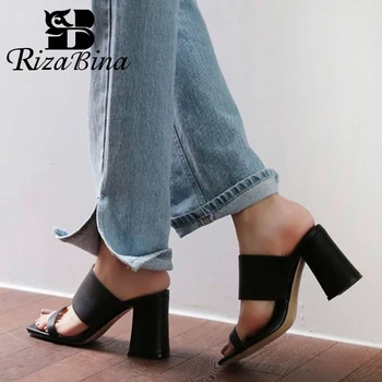 

RizaBina Genuine Leather Sandals Women Open Toe Solid Color Square Heels Slippers Leisure Outdoor Women Footwear Size 33-40