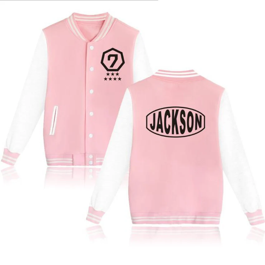 

KPOP GOT7 GOT 7 Pink Baseball Uniform Jacket Female Jackson JB JR BAMBAM Long Sleeve Fleece Women Hoodies Sweatshirts Outerwears