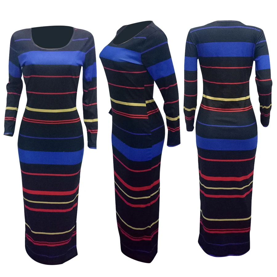 BAIBAZIN New Autumn African Woman Dress Digital Print Long Sleeve Tricolor Striped Dress