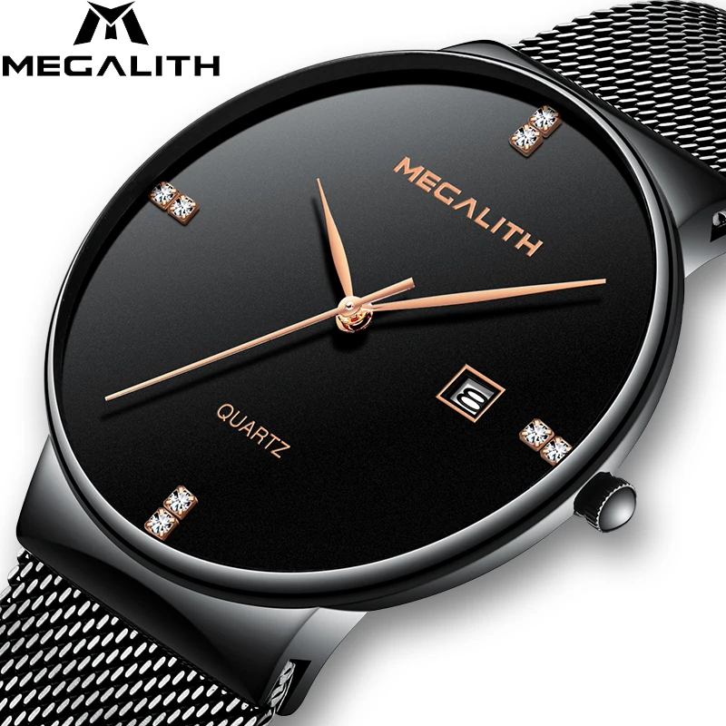 

Mens Watches MEGALITH Fashion Sport Stainless Wteel Mesh Strap Ultra Thin Dial Date Clock Luxury Waterproof Quartz Watch For Men