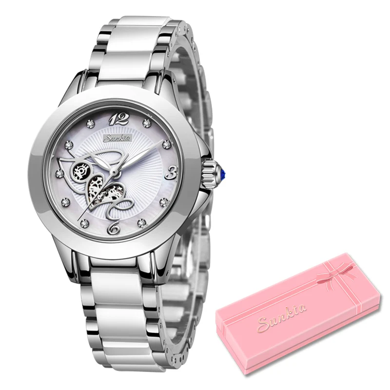 Diamond Surface Ceramic Strap Watch SUNKTA Fashion Waterproof Women Watches Top Brand Luxury Quartz Watch Women Relogio Feminino - Цвет: Silver white