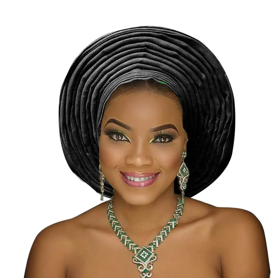 New aso oke headtie nigerian gele already made auto hele turban cap african aso ebi gele headtie big brim (13)