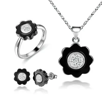 

Funmor Luxury Flower Shape Ceramic Jewelry Set 925 Sterling Silver Sets Lady Bride Party Wedding Interview Accessories Presents