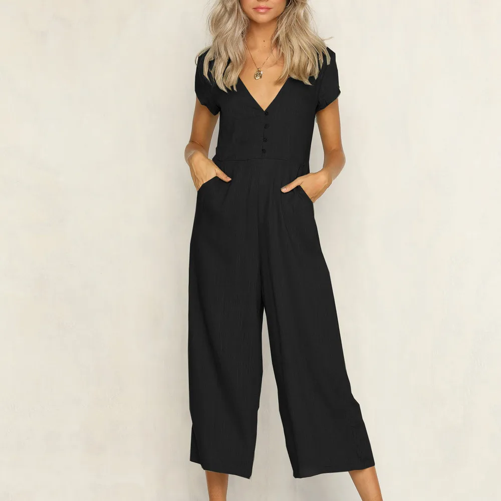 Jumpsuit Summer Women Long V-Neck Short Sleeve Wide Leg Strappy Holiday Long Playsuits Trouser Jumpsuit 2018 Jumpsuit F#J06 (13)