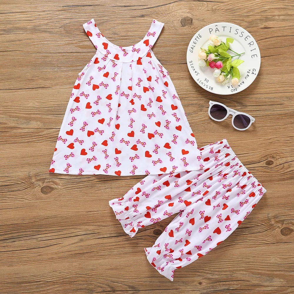 

Girl summer thin clothing set cartoon printing suspenders shirt + capris pants 2pcs 3-9Y