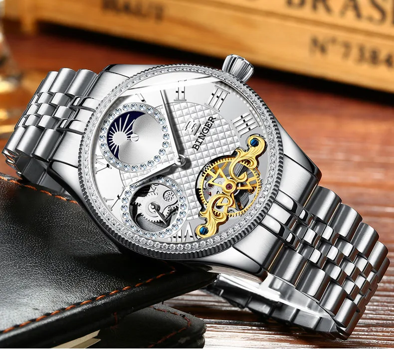 Швейцарские механические мужские часы Бингер люксовый бренд наручные часы со скелетом водонепроницаемые мужские сапфировые часы reloj hombre